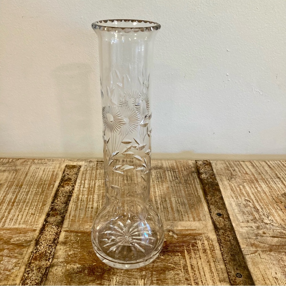 Vintage Etched Glass Vase with Floral Design Starburst Base Cottagecore Decor - Picture 8 of 12